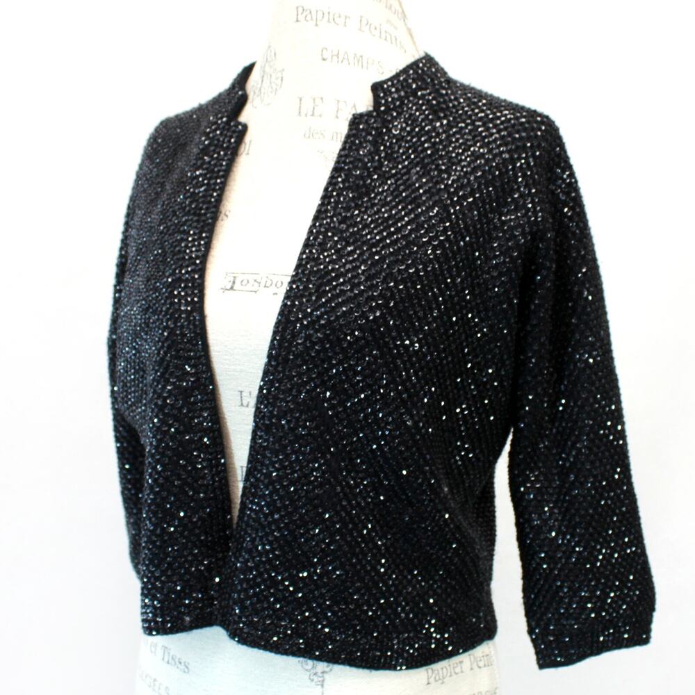 Cyn Les Black Open Front Sequin 100% Lambswool Blazer Jacket Cardigan Size 38
